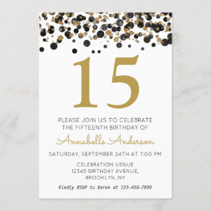 15th Birthday Black Gold Glitter Sparkle Confetti Invitation