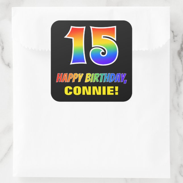 15th Birthday: Bold, Fun, Simple, Rainbow 15 Square Sticker (Bag)