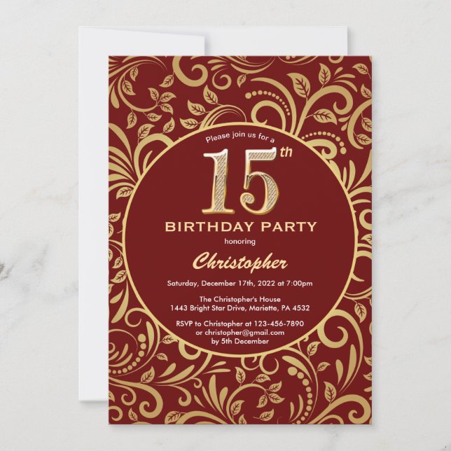 15th Birthday Burgundy Red and Gold Floral Pattern Invitation (Front)