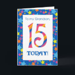 15th Birthday Card for Grandson, Stripes and Stars<br><div class="desc">A bright and colourful 15th Birthday Card for a Grandson,  with striped numbers and a starry border,  from a digital design by Judy Adamson. You can change the inside message if you wish.</div>