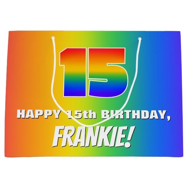 15th Birthday: Colourful, Fun Rainbow Pattern # 15 Large Gift Bag (Front)