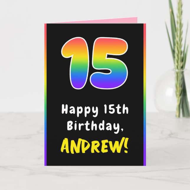 15th Birthday: Colourful Rainbow # 15, Custom Name Card (Front)