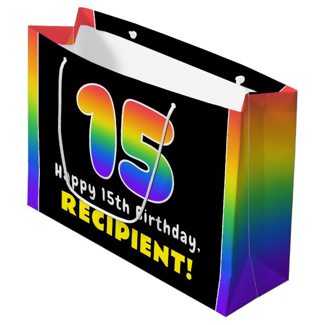 15th Birthday: Colourful Rainbow # 15, Custom Name Large Gift Bag (Front Angled)