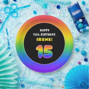 15th Birthday: Colourful Rainbow # 15, Custom Name Paper Plate