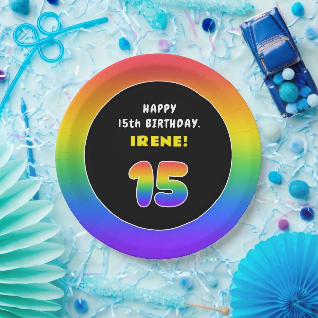 15th Birthday: Colourful Rainbow # 15, Custom Name Paper Plate (Party)