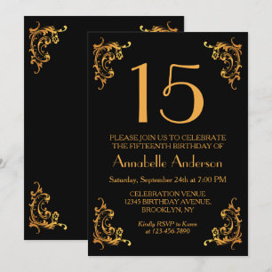 15th Birthday Elegant Gold Black Vintage Retro Invitation