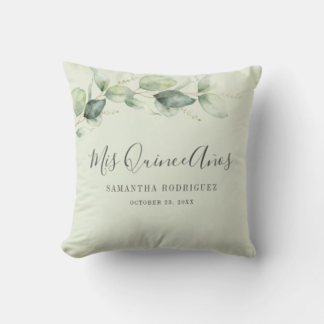 15th Birthday Eucalyptus Greenery Mis Quince Anos Throw Pillow (Front)