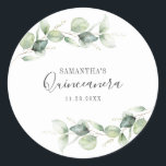 15th Birthday Eucalyptus Greenery Quinceanera Classic Round Sticker<br><div class="desc">TIP: Matching items available in this collection. Our botanical eucalyptus birthday collection features watercolor foliage and modern typography in dark grey text. Use the "Customize it" button to further re-arrange and format the style and placement of text. Could easily be repurpose for other special events like anniversaries, baby shower, birthday...</div>
