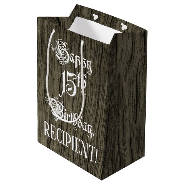 15th Birthday: Fancy, Faux Wood Look + Custom Name Medium Gift Bag (Back Angled)