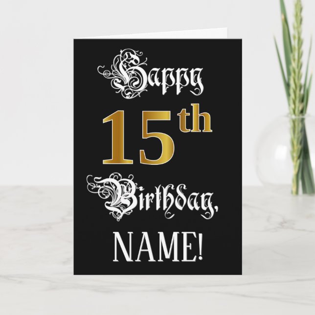 15th Birthday — Fancy Script; Faux Gold Look; Name Card (Front)