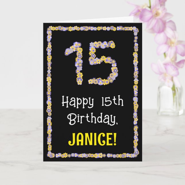 15th Birthday: Floral Flowers Number, Custom Name Card (Orchid)