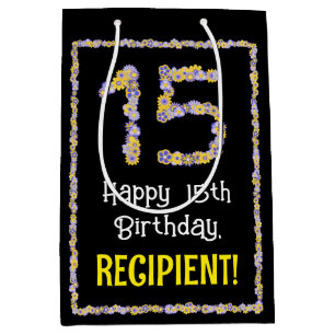 15th Birthday: Floral Flowers Number, Custom Name Medium Gift Bag