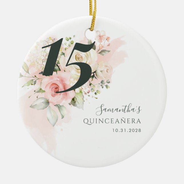 15th Birthday Floral Quincenera Party Ceramic Ornament (Front)