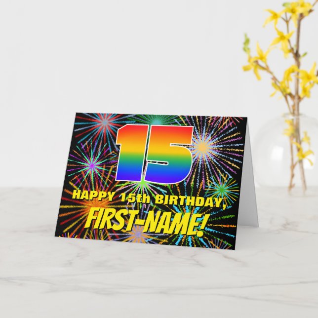 15th Birthday: Fun, Colourful Celebratory Firework Card (Yellow Flower)