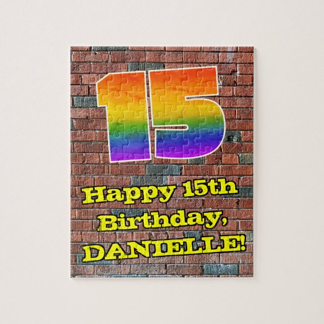 15th Birthday: Fun Graffiti-Inspired Rainbow 15 Jigsaw Puzzle (Vertical)