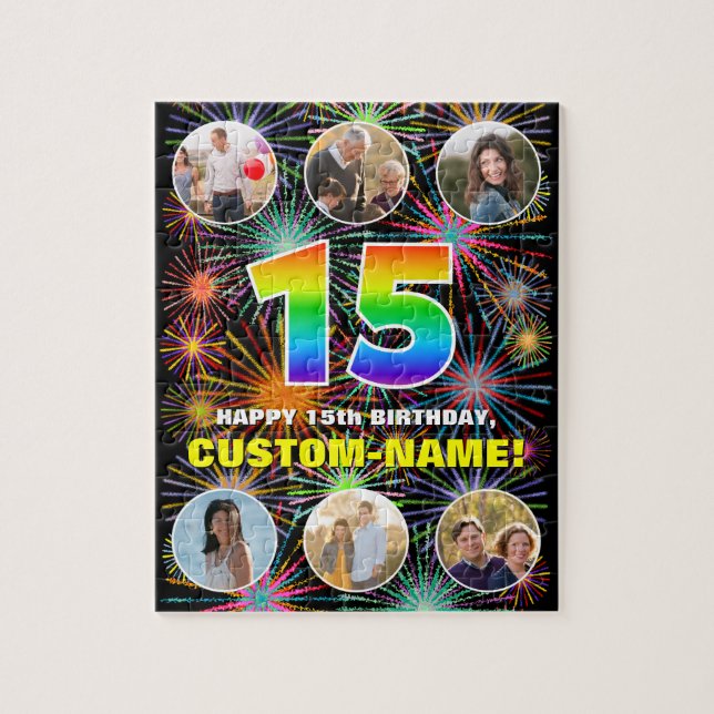 15th Birthday: Fun Rainbow #, Custom Name + Photos Jigsaw Puzzle (Vertical)