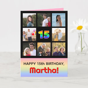 15th Birthday: Fun Rainbow #, Custom Photos + Name Card