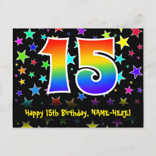 15th Birthday: Fun Stars Pattern, Rainbow 15, Name Postcard