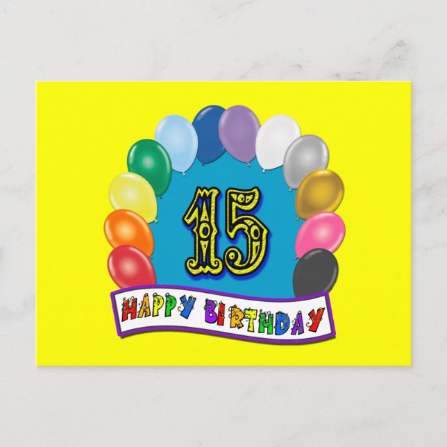 15th Birthday Gifts with Assorted Balloons Design Postcard (Front)