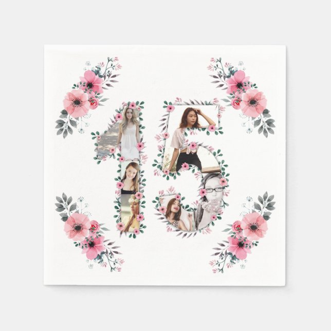 15th Birthday Girl Flower Photo Collage White Napkin (Front)