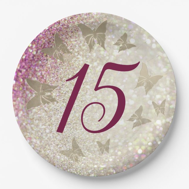 15th Birthday Glitter Pink Paper Plate (Front)