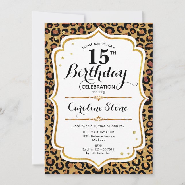 15th Birthday - Gold Leopard Print Invitation (Front)