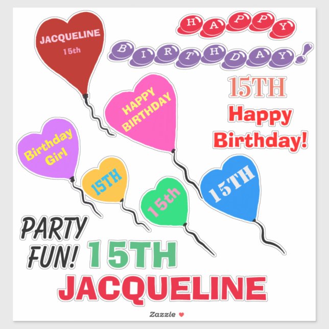 15th Birthday Heart Balloons Personalized Vinyl (Sheet)