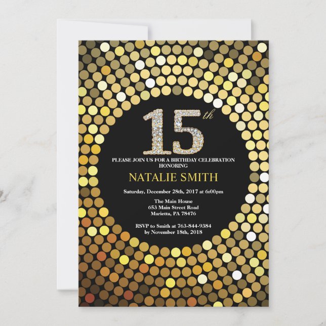 15th Birthday Invitation Black and Gold Glitter (Front)