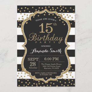 15th Birthday Invitation. Black and Gold Glitter Invitation