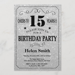 15th Birthday Invitation Black and Silver Glitter