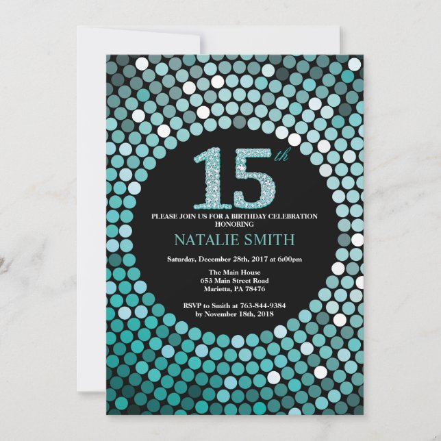 15th Birthday Invitation Black and Teal Glitter (Front)