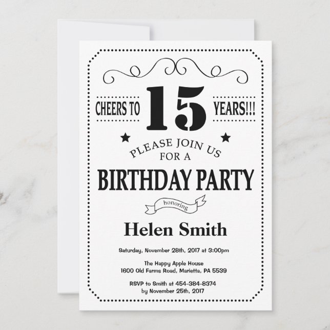 15th Birthday Invitation Black and White (Front)
