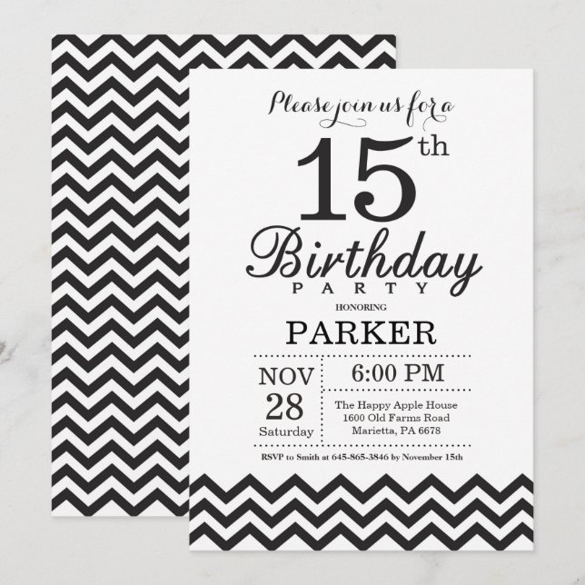 15th Birthday Invitation Black and White Chevron (Front/Back)