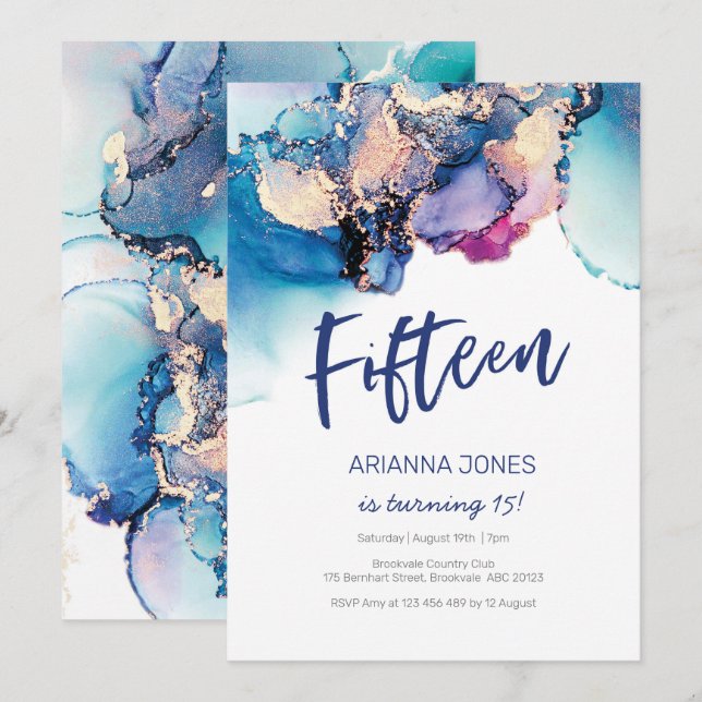 15th Birthday Invitation Blue Abstract Watercolor (Front/Back)