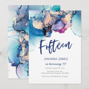 15th Birthday Invitation Blue Abstract Watercolor