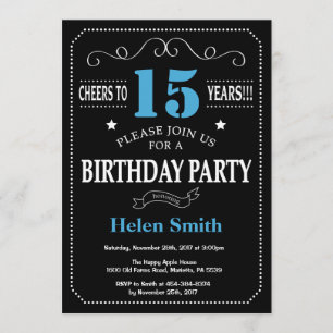 15th Birthday Invitation Blue and Black Chalkboard
