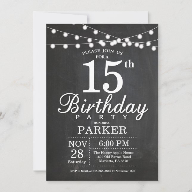 15th Birthday Invitation Chalkboard String Lights (Front)