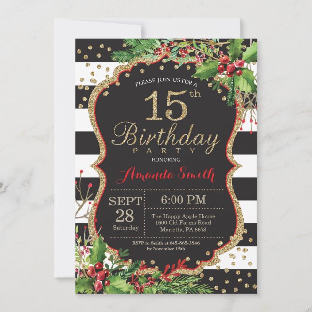 15th Birthday Invitation. Christmas Red Black Gold Invitation (Front)