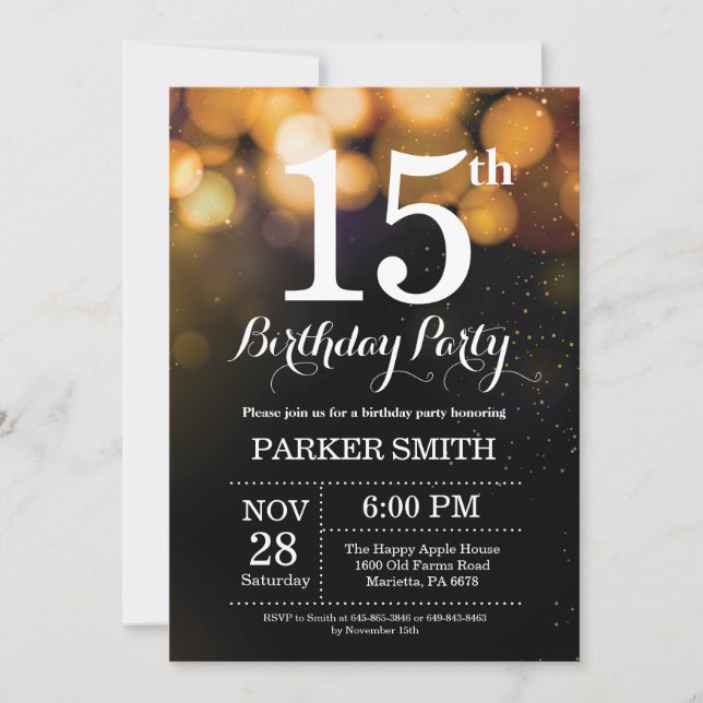 15th Birthday Invitation Gold Glitter (Front)