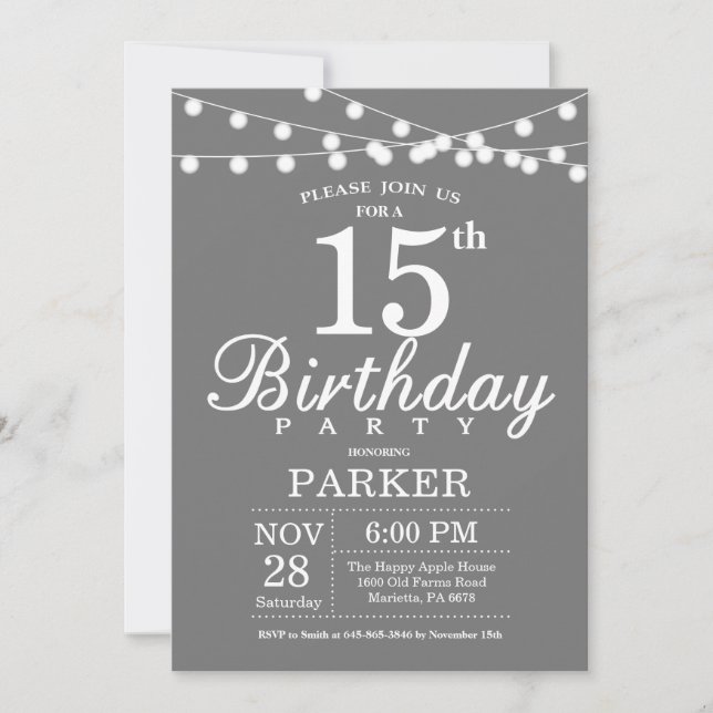 15th Birthday Invitation Grey and White (Front)