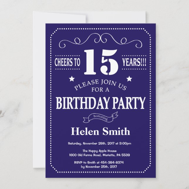 15th Birthday Invitation Navy Blue and White (Front)