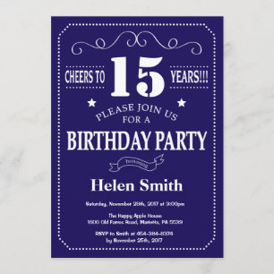 15th Birthday Invitation Navy Blue and White