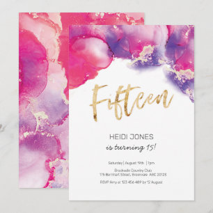 15th Birthday Invitation pink Abstract Watercolor