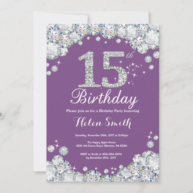 15th Birthday Invitation Purple and Silver Diamond (Front)