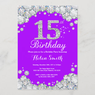 15th Birthday Invitation Purple and Silver Diamond