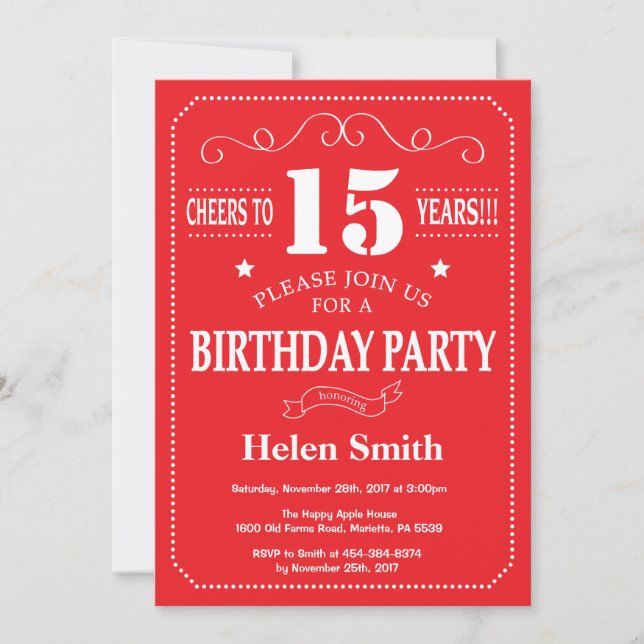 15th Birthday Invitation Red and White (Front)