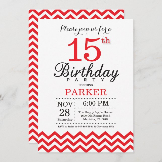 15th Birthday Invitation Red Chevron (Front/Back)
