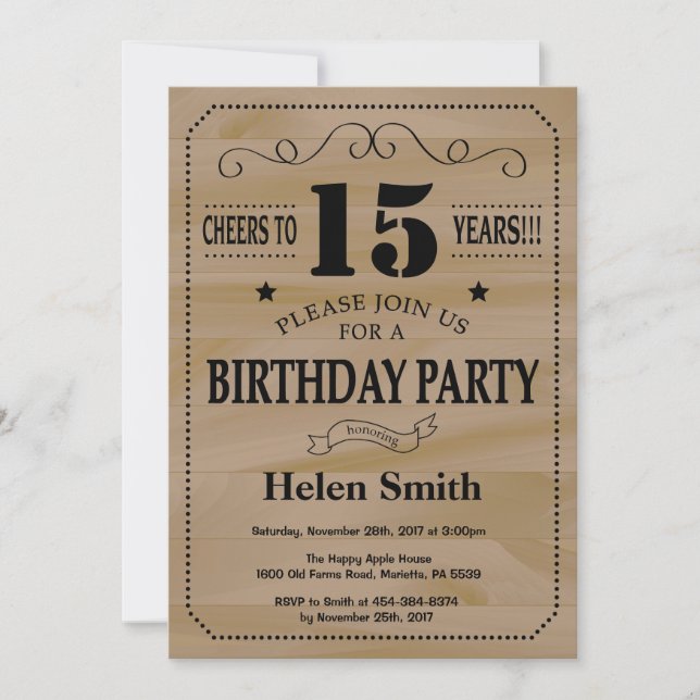15th Birthday Invitation Rustic Wood (Front)