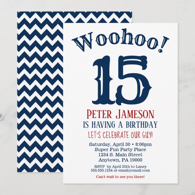 15th Birthday Invitation Teen Boy Navy Blue (Front/Back)