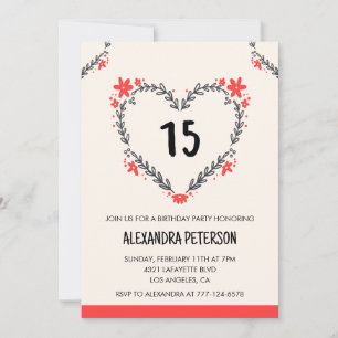 15th birthday invitations for her floral heart